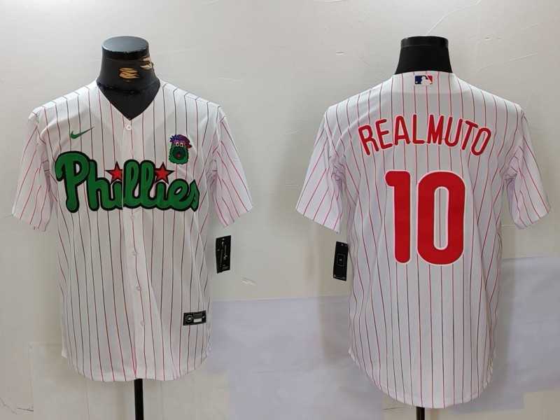 Mens Philadelphia Phillies #10 J.T. Realmuto White Green Cool Base Stitched Jersey